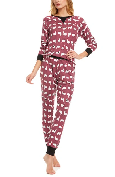 Flora Nikrooz Maddie Printed Hacci Pajama Set In Llama-burgunday