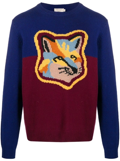Maison Kitsuné Wool Colorblock Fox Head Crew Neck Sweater In Multi