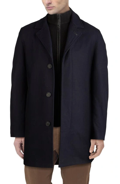 Cole Haan Wool Blend Topcoat With Inset Knit Bib In Navy