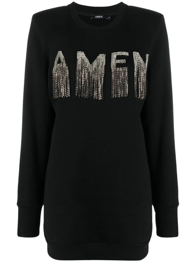 Amen Logo Stud-fringe Longline Sweatshirt In Black