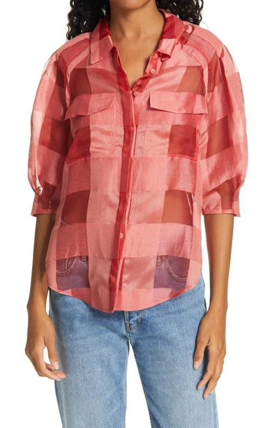 Rebecca Taylor Women's Organza Check Three-quarter-sleeve Blouse In Red Kiss