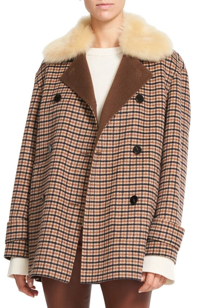 Theory Check Wool Blend Coat With Genuine Shearling Collar In Camel Multi