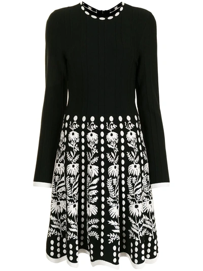 Lela Rose Floral Jacquard Long Sleeve Fit & Flare Sweater Dress In Black/ Ivory