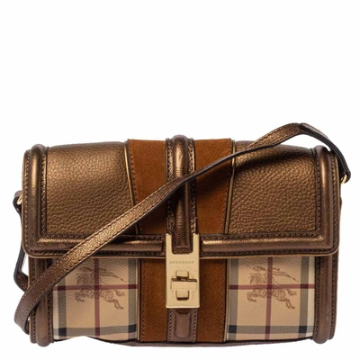 Pre-owned Burberry Metallic Brown/beige Leather, Coated Canvas And Suede Berkeley Crossbody Bag