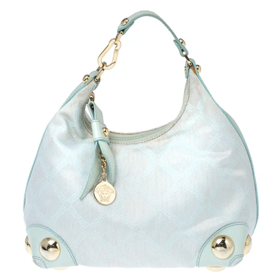 Pre-owned Versace Light Turquoise Signature Canvas And Leather Small Studded Hobo In Blue