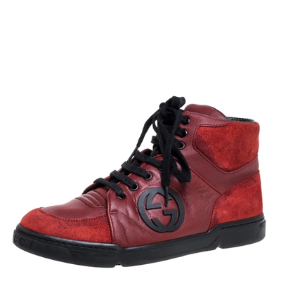 Pre-owned Gucci Red Leather And Suede High-top Trainers Size 40