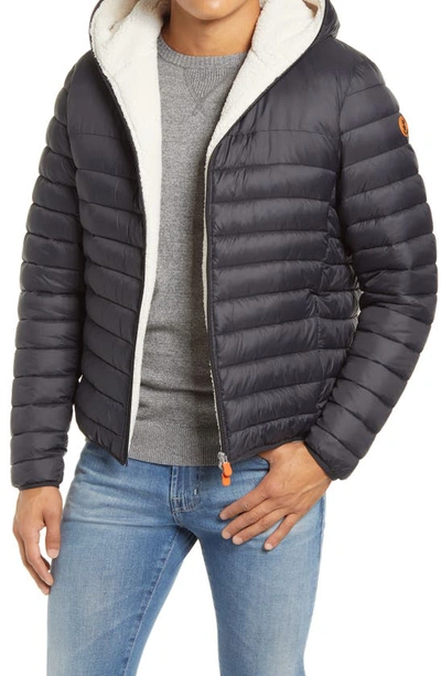 Save The Duck Giga Waterproof Faux Shearling Lined Puffer Jacket In Black