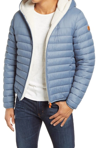 Save The Duck Giga Waterproof Faux Shearling Lined Puffer Jacket In Steel Blue