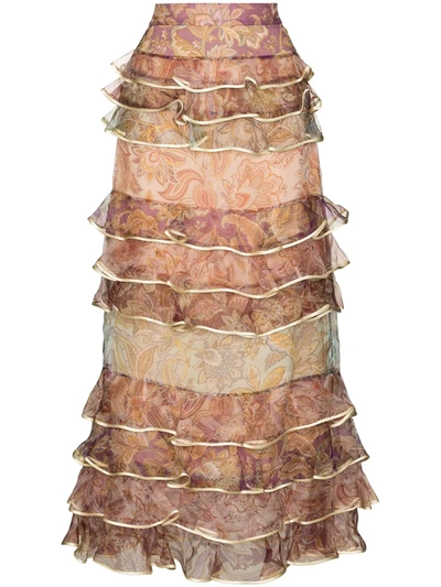 Zimmermann Lucky Tiered Satin-trimmed Printed Silk-organza Maxi Skirt In Beige,brown,purple