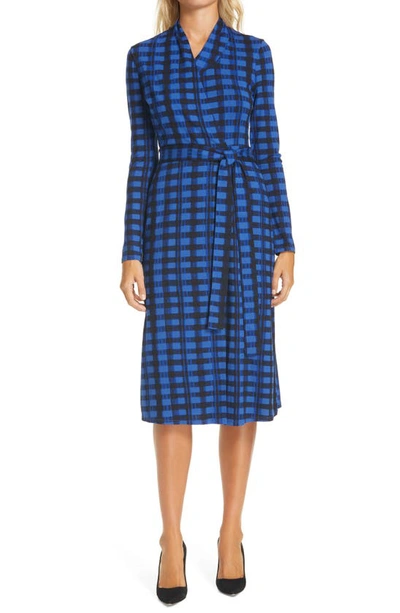 Hugo Boss Ettay Abstract Check Belted Long Sleeve Dress In Blue