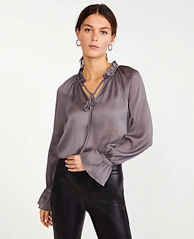 Ann Taylor Shirred Ruffle Tie Neck Blouse In Toasted Taupe