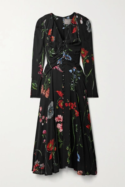 Lela Rose Ruched Floral-print Crepe Midi Dress In Black