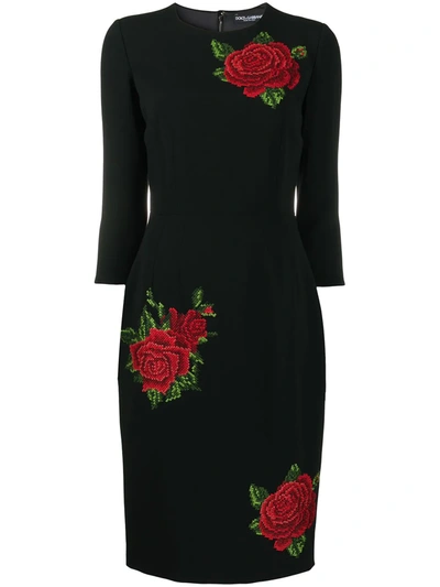 Dolce & Gabbana Women's Rose-embroidered Crepe Midi Sheath Dress In S8400 Nero