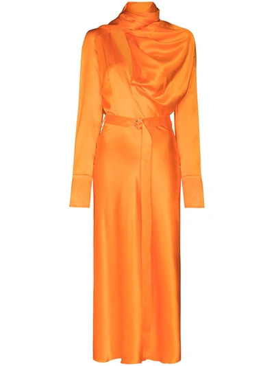 Materiel Women's Belted Scarf-neck Silk Midi Dress In Orange