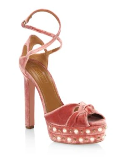 Aquazzura Harlow Embellished Velvet Platform Sandals In Pink