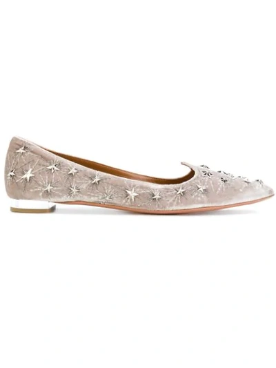 Aquazzura Cosmic Studded Embroidered Velvet Point-toe Flats In Antique Pink
