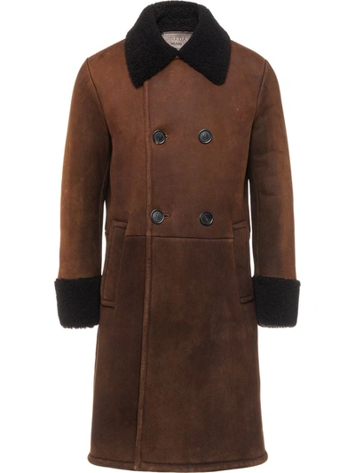 Prada Double-breasted Sheepskin Coat In Dark Brown/dark Brown