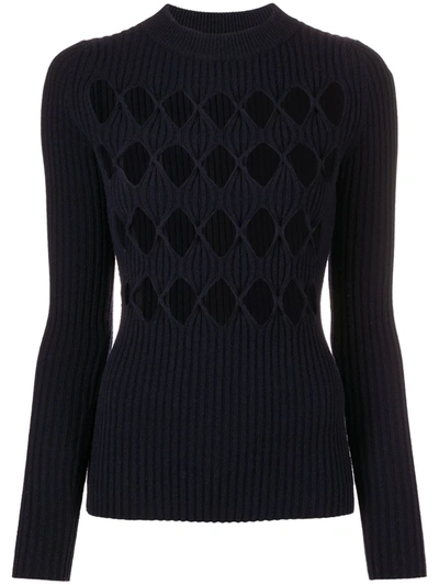 Victoria Beckham Cutout Ribbed-knit Wool-blend Sweater In Navy