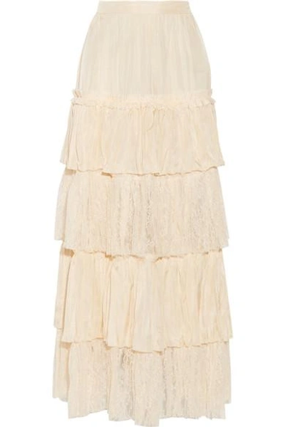 Gucci Tiered Silk-satin And Lace Maxi Skirt In Cream