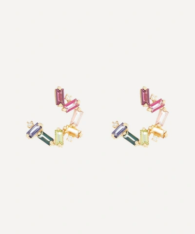 Suzanne Kalan 14ct Gold Multi-stone Small Rainbow Baguette Spiral Hoop Earrings