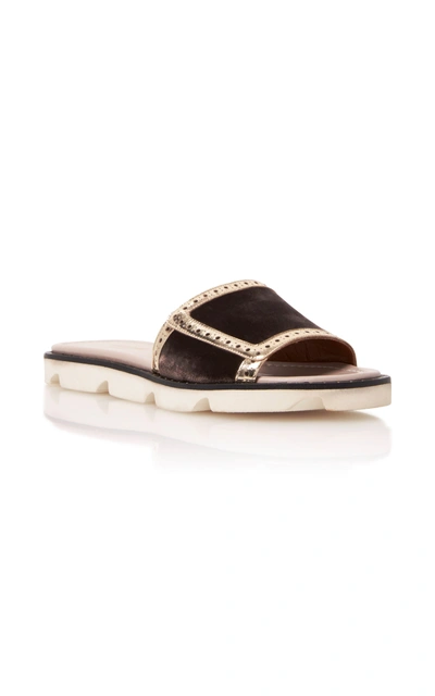 Malone Souliers Alberta Leather-trimmed Velvet Slides In Brown