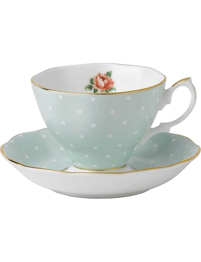Royal Albert Polka Rose Vintage Teacup And Saucer In Blue And White