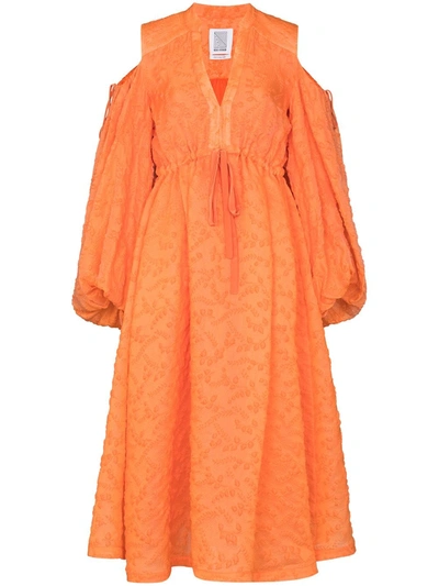 Rosie Assoulin Orange Cold Shoulder Gathered Midi Dress