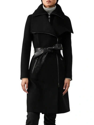 Mackage 'nori' Belted Stand Collar Front Zip Wool Coat In Black