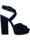 Saint Laurent Debbie Platform-heel Velvet Sandals In Blue