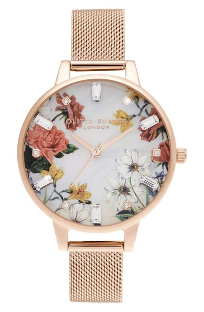 Olivia Burton Women's Sparkle Floral Rose Gold-tone Mesh Bracelet Watch 34mm