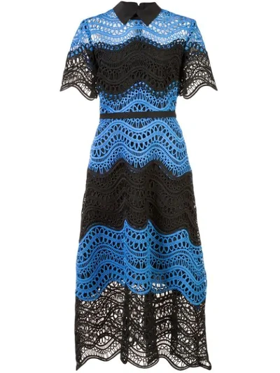 Lela Rose Wavy Striped Lace Midi Shirtdress, Black/blue