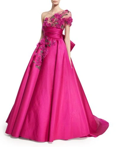Marchesa Floral-embroidered One-shoulder Ball Gown, Fuchsia