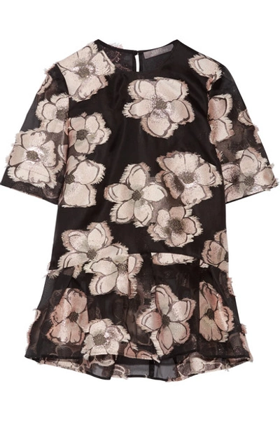 Lela Rose Floral Fil Coup&eacute; Short-sleeve Top, Blush/black