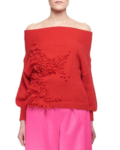 Delpozo Embroidered Off- Shoulder Alpaca Sweater In Red