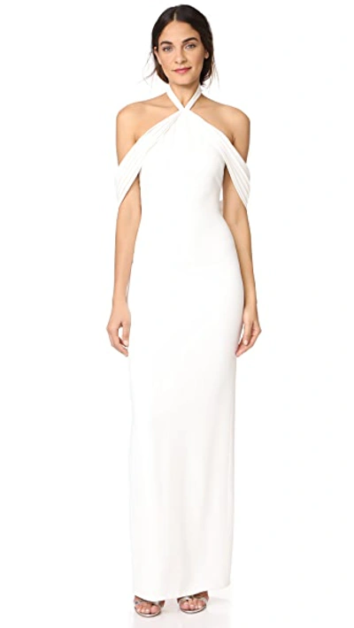 Brandon Maxwell Cold-shoulder Pleated Crepe Halterneck Gown In Ivory