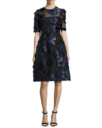 Lela Rose Holly Floral Fil Coup&eacute; Fit & Flare Dress, Navy/black