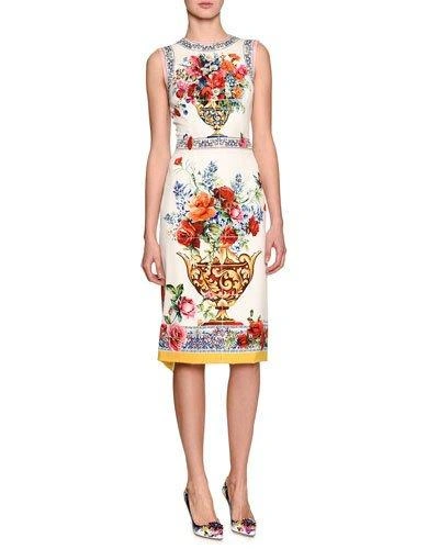 Dolce & Gabbana Floral Vase Sleeveless Sheath Dress, White In White Pattern