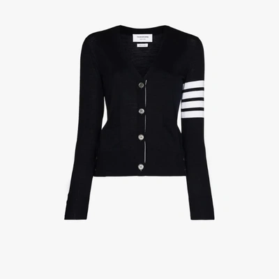 Thom Browne Four Bar Tricolour Stripe Placket Merino Wool Cardigan In Blue