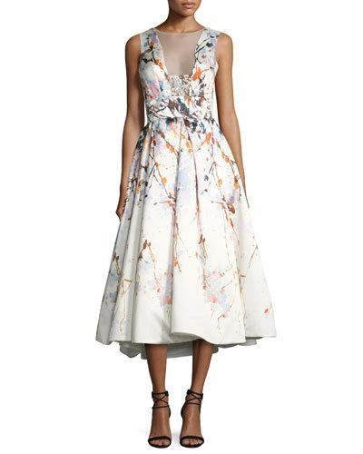 Monique Lhuillier Watercolor Mikado Sleeveless Tea-length Gown, White In White Pattern