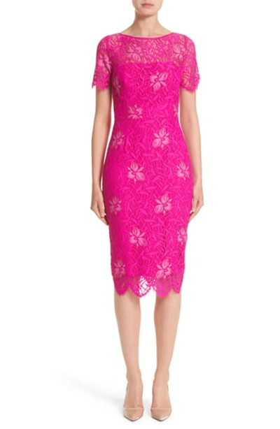 Lela Rose Floral Lace Short-sleeve Sheath Dress, Fuchsia