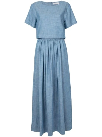Chloé Trompe L'oeil Chambray Short-sleeve Maxi Dress, Light Blue In Chambray Blue