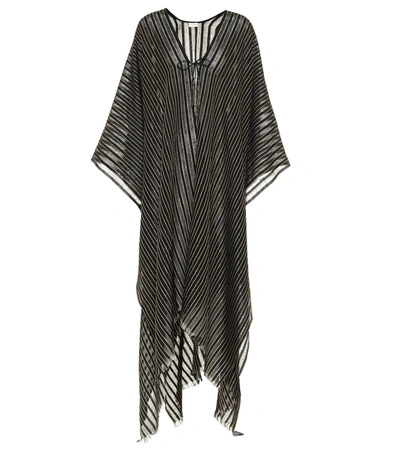 Saint Laurent Poncho In Cashmere, Lino E Seta A Righe In Black