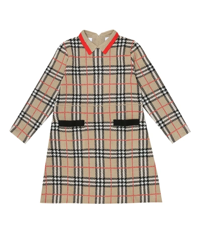 Burberry Kids' 复古格纹美利奴羊毛连衣裙 In Beige