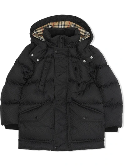 Burberry Kids' Monogram Jacquard Down Hooded Puffer Coat In Black