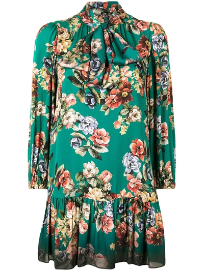 Alice And Olivia Merrilee Floral Long Sleeve Tie Neck Minidress In Green