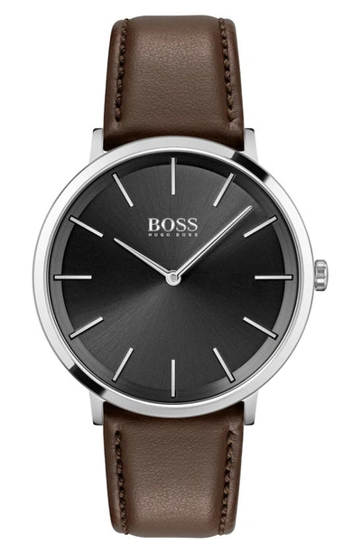 Hugo Boss Men's Skyliner Brown Leather Strap Watch 40mm Women's Shoes In Silver