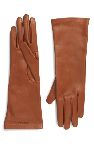 Saint Laurent Lambskin Leather Gloves In Camel