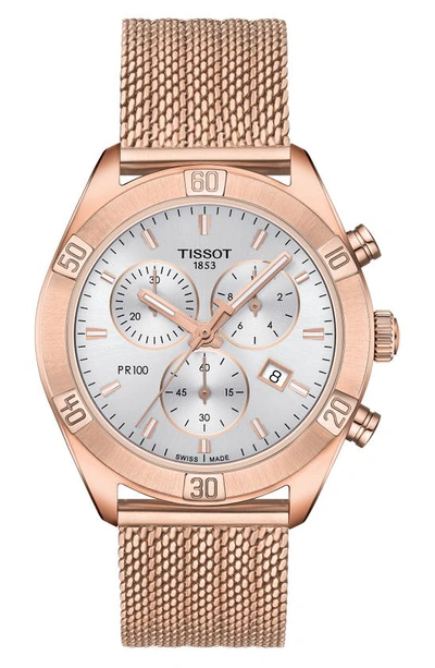 Tissot Women's Swiss Chronograph Pr 100 Sport Chic T-classic Rose Gold-tone Stainless Steel Mesh Bracelet W In Silver