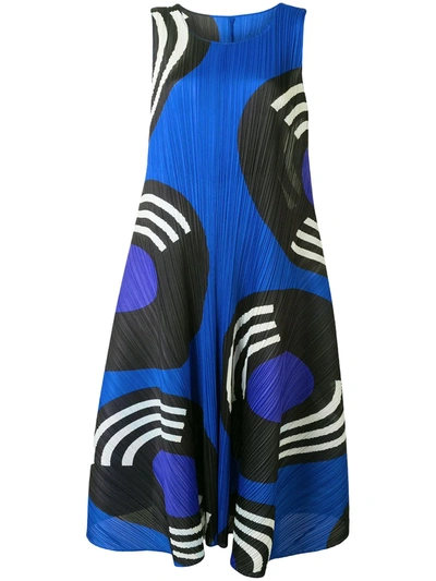 Issey Miyake Record Print Pleated Swing Dress In Sapphire Blue
