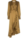 Zimmermann Super Eight Silk-satin Wrap Dress In Olive